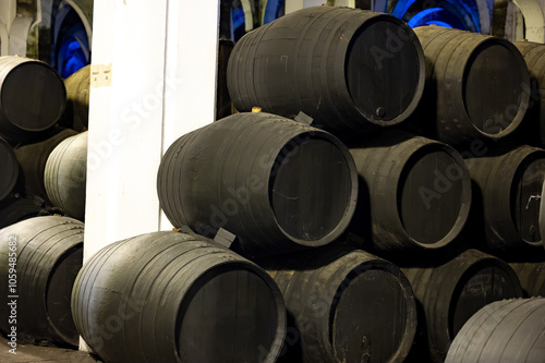 Solera system in bodegas, Andalusian wine cellar, process for aging different sherry wine in barrels, producing of jerez fortified wine, Jerez de la Frontera, Andalusia, Spain