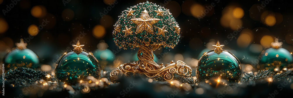 A surreal image of a tree ornamented with diamond-studded stars, surrounded by deep emerald green glass globes, each adorned with intricate golden swirls, creating a regal and extravagant look, A surreal image of a tree ornamented with diamond-studded stars, surrounded by deep emerald green glass globes, each adorned with intricate golden swirls, creating a regal and extravagant look,