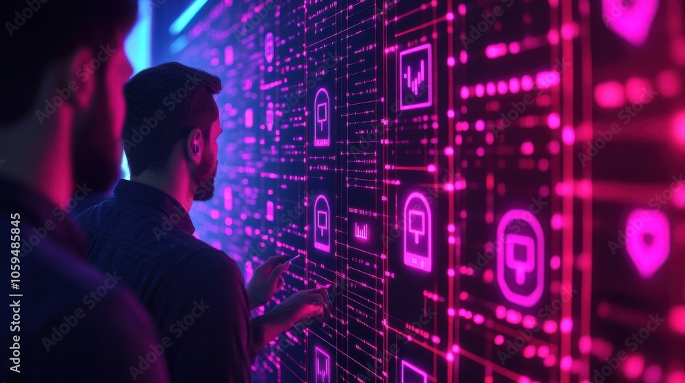 Group of Hackers Analyzing Data on a Neon Screen Group of Hackers Analyzing Data on a Neon Screen