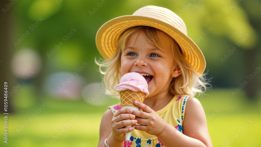 Happy little girl in straw hat is eating ice cream on the lawn in city park. Portrait of a smiling child Happy little girl in straw hat is eating ice cream on the lawn in city park. Portrait of a smiling child
