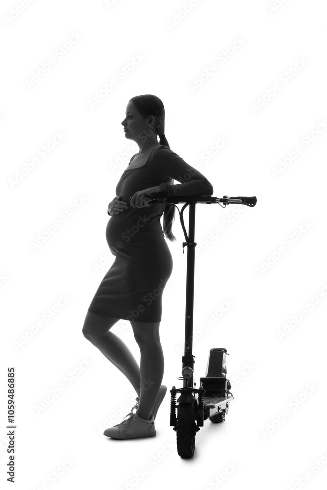 Silhouette of young pregnant woman with electric scooter on white background Silhouette of young pregnant woman with electric scooter on white background