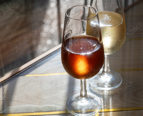 Sherry fino, manzanilla, olorosso wine, jerez fortified wine made from palomino white grape served in Jerez de la Frontera, Cadiz, Andalusia, Spain photo