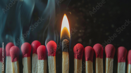 A row of matches with one that is lit photo