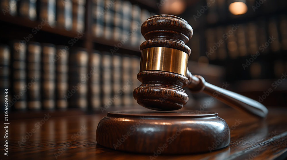 wooden gavel with a golden band rests on a block in front of a blurred bookshelf in a courtroom wooden gavel with a golden band rests on a block in front of a blurred bookshelf in a courtroom