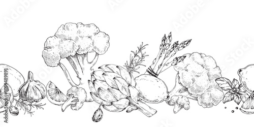 Artichoke, broccoli, asparagus, lemon, garlic, rosemary and pepper hand drawn ink seamless border isolated on white background. Vector sketch black and white illustration.food label design