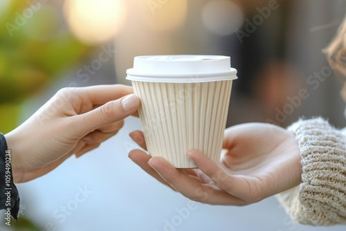 A person handing over a coffee cup promoting pay it forward initiatives and random acts of kindness in everyday life photo