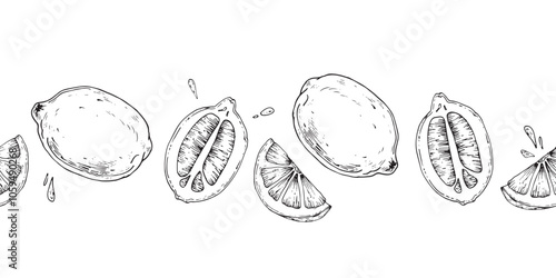 Lemon seamless border. Hand drawn vector black and white illustrations. Pattern of a slice, half and whole lemon. Elements for food and drink label design