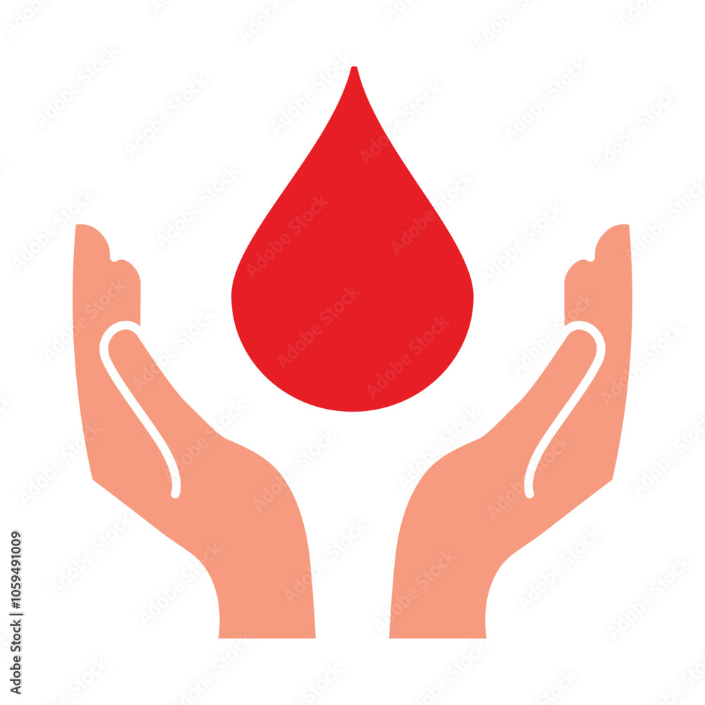 Obraz premium Two hands donate blood. World blood donor day concept. Red drop symbol of volunteer blood donation. Vector illustration isolated on white background. Blood for charity.