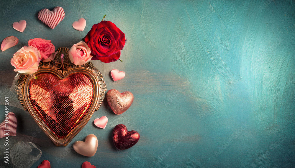 Valentine's Day background with red roses, hearts and heart-shaped jewelry on turquoise background. Copy space Valentine's Day background with red roses, hearts and heart-shaped jewelry on turquoise background. Copy space