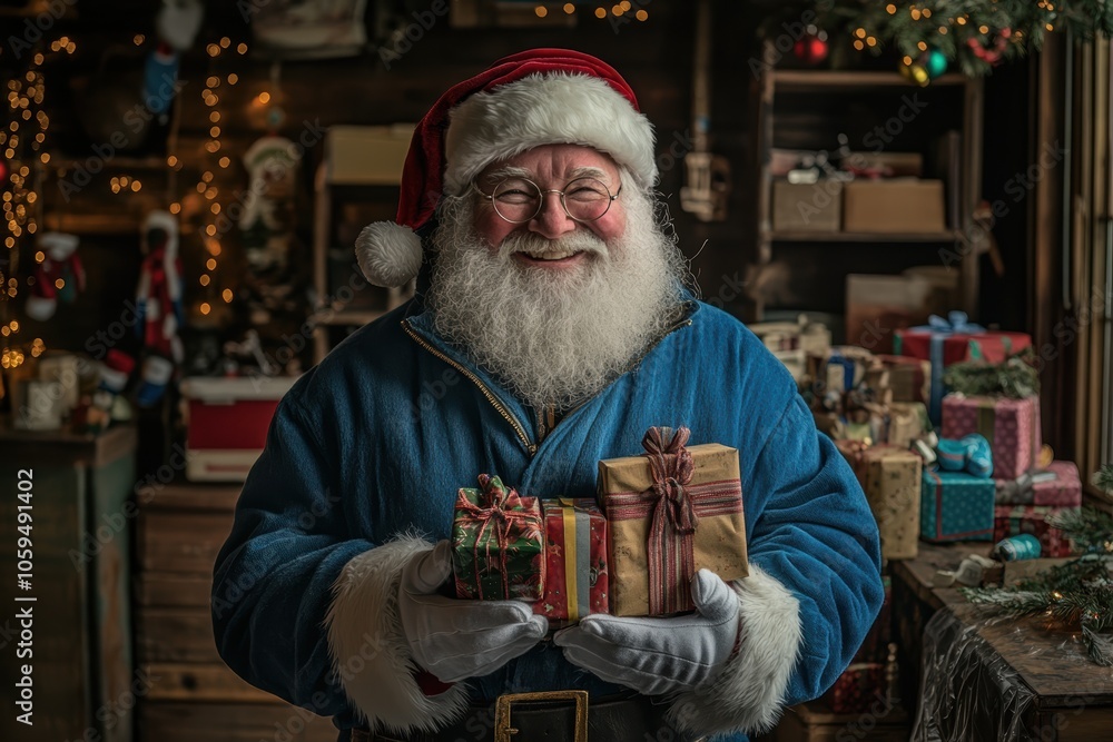 Obraz premium Santa Claus Holding Wrapped Gifts in a Cozy Workshop. Generative AI.