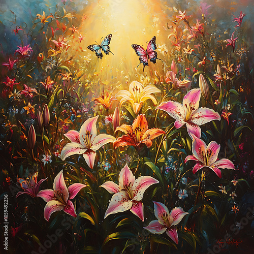 vibrant field of stargazer lilies in various colors, illuminated by sunlight, with butterflies fluttering above, creating serene and enchanting atmosphere photo