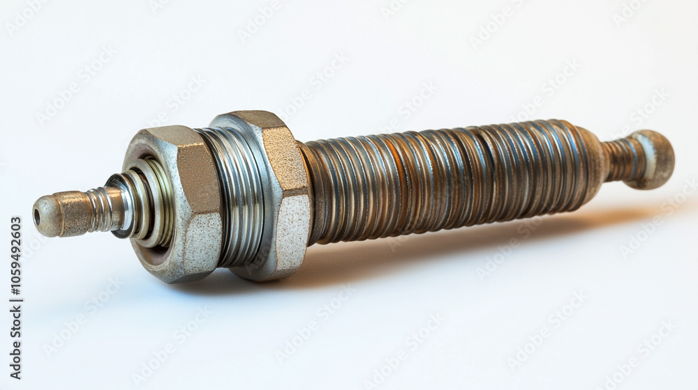 Metal Nut and Bolt with Threaded Rod Industrial Part Close up Metal Nut and Bolt with Threaded Rod Industrial Part Close up