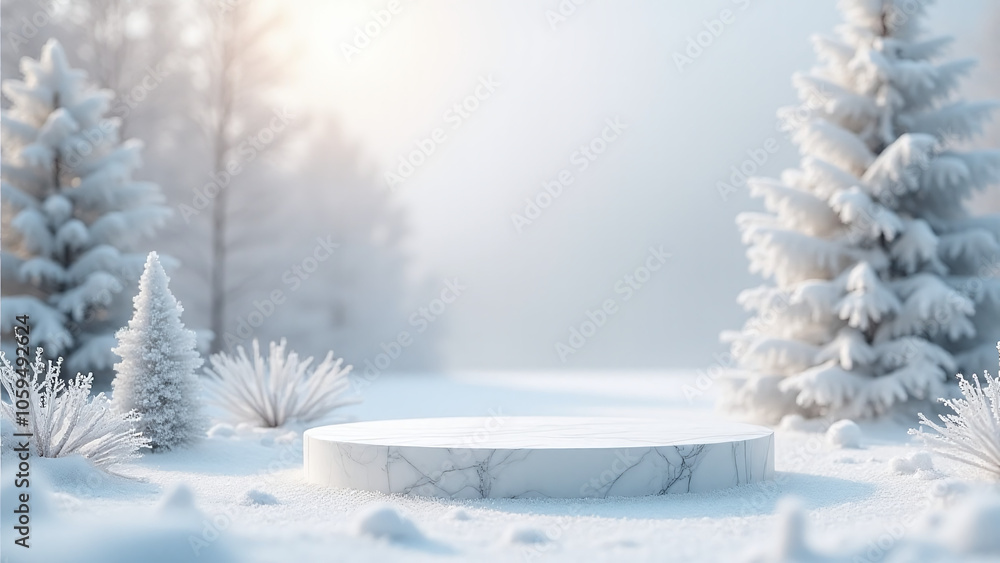 Fototapeta premium White marble podium with silver accents has a frosted look evoking a snowy winter scene on Christmas.