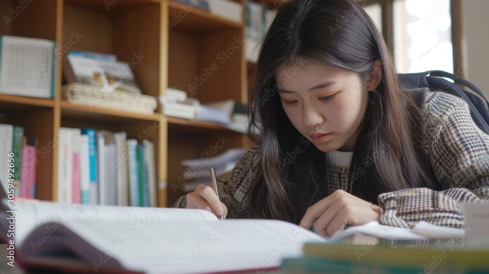 Another student sits at a desk surrounded by various foreign language dictionaries and textbooks intensely studying and taking notes. Another student sits at a desk surrounded by various foreign language dictionaries and textbooks intensely studying and taking notes.