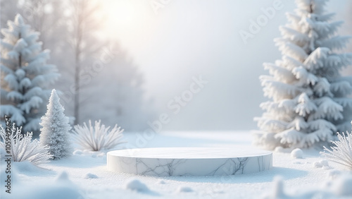 White marble podium with silver accents has a frosted look evoking a snowy winter scene on Christmas. photo