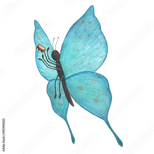 watercolor hand drawn turquoise butterfly playing tambourine