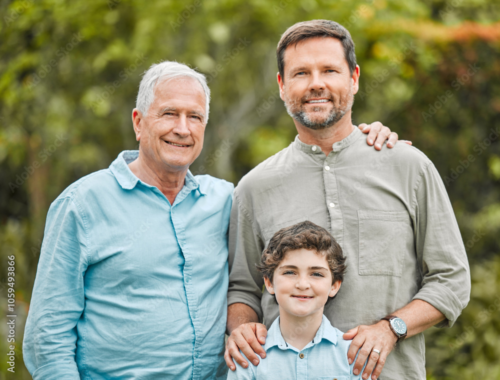 Fototapeta premium Portrait, dad and boy in park with grandfather, smile and trust in nature and happy family together. Proud men, grandpa or parent in Australia with love, care or male kid on outdoor holiday vacation