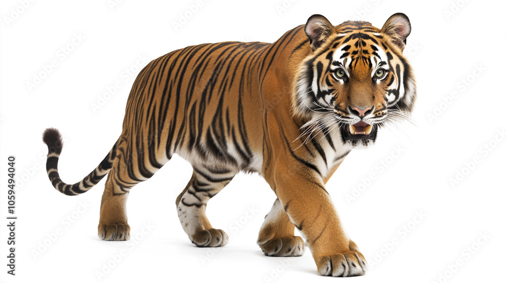 Obraz premium Majestic Bengal Tiger Walking Isolated on White Background