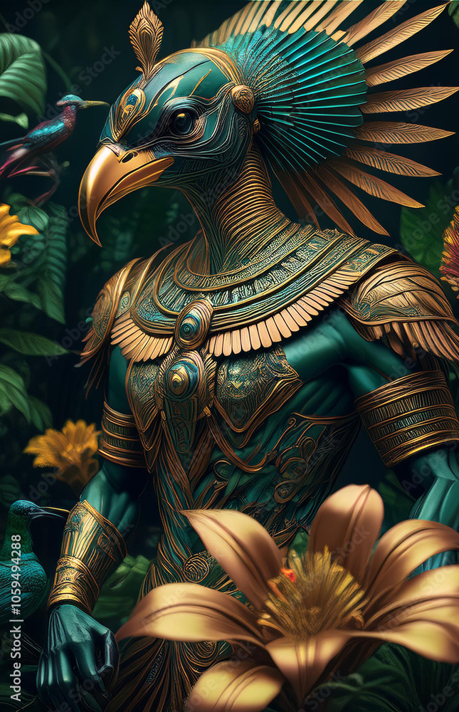 Fototapeta premium Thot ancient egyptian god in fantasy style with exotic floral background