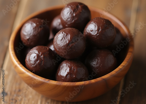 Wooden bowl contains dark chocolate balls viewed from directly above the surface. photo