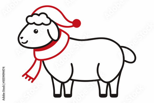  Vector Outline of A cute Sheep wearing a Santa clause hat and scarf on white background.