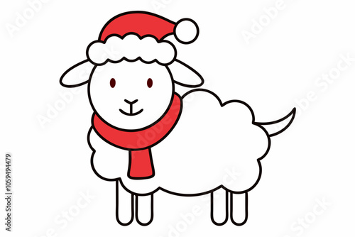  Vector Outline of A cute Sheep wearing a Santa clause hat and scarf on white background.