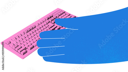 Contemporary art collage. Blue hands with pink keyboard against white background. Pixelated greeting from past. Concept of retro style, 2000s, gestures, generation, communication