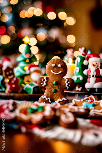 Christmas gingerbread cookies on wooden table with Christmas tree in the background