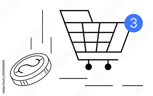 Shopping cart with three notifications and a falling coin. Ideal for e-commerce, online shopping, retail sales, customer engagement, digital marketing, financial transactions, economic growth. Line