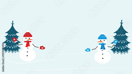 Funny cute Christmas snowmen in hats scarves and mittens on a snowy forest background