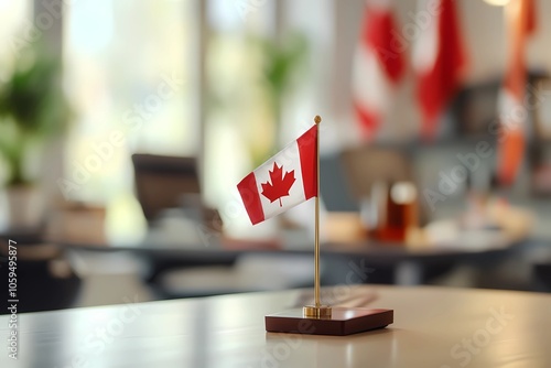 Canadian flag in soft focus , peace, and Canadian landscape