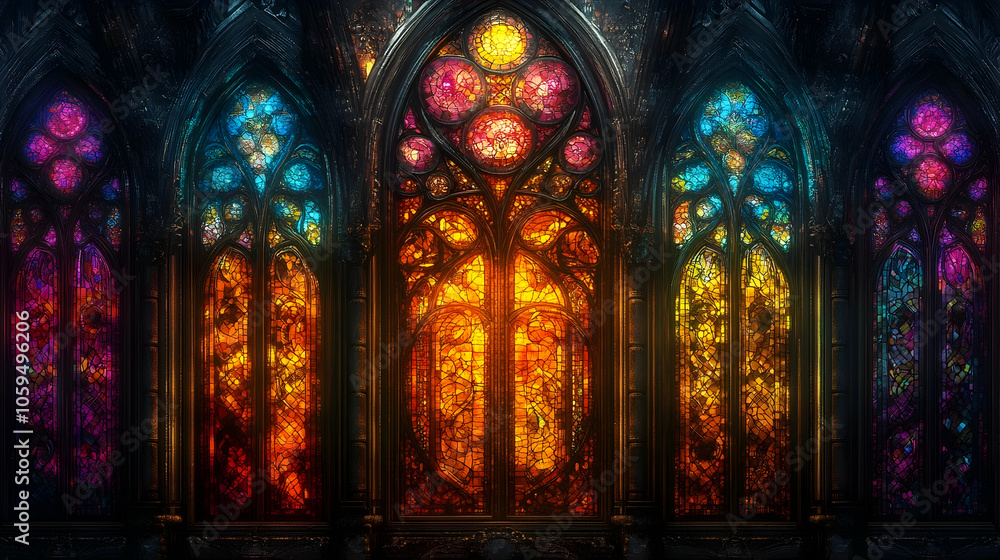 Fototapeta premium Intricate stained glass window designs, colorful texture background illuminating artistic craftsmanship