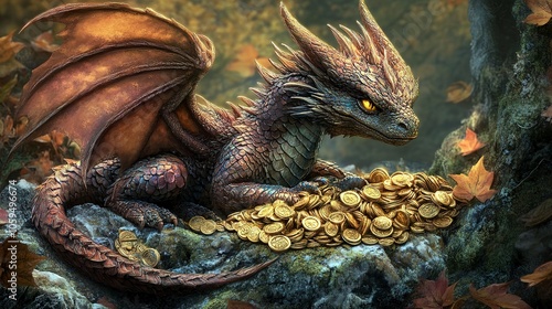 Fantasy dragon guarding a treasure hoard