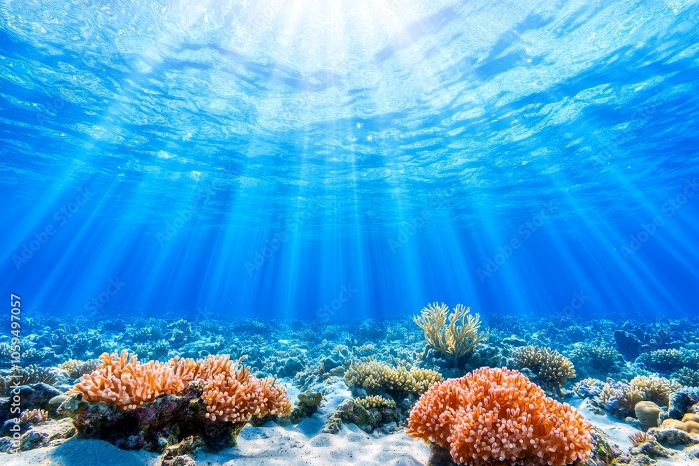 Obraz premium Abstract underwater background with sun rays shining through the water surface. Dark ocean floor with deep blue water and white bubbles.