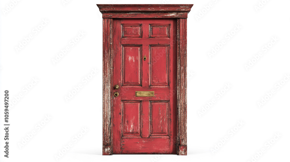Obraz premium Vintage Red Wooden Door with Peeling Paint and Brass Hardware