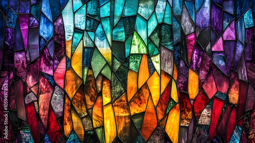 Intricate stained glass window designs, colorful texture background illuminating artistic craftsmanship