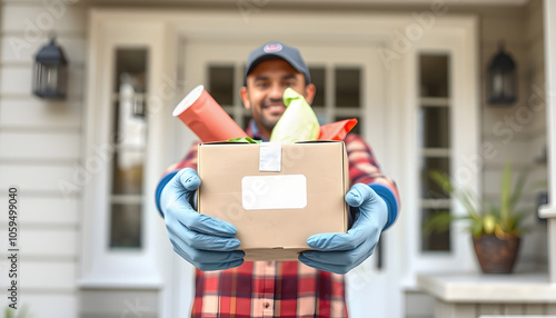 Man wearing gloves home delivering food box, volunteer holding grocery box for donation, supporting local business concept isolated with white shades, png photo