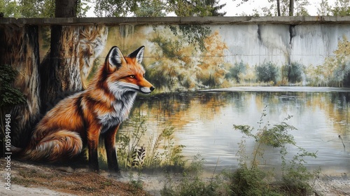 Varna, BULGARIA - June 21, 2015: Street art by unknown artist of fox and wolf in the woods close to a lake. 