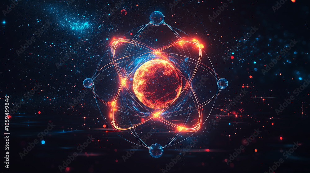 Obraz premium Atomic Structure with Glowing Orbits and Planets