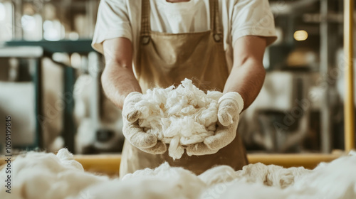 The photo highlights the use of organic cotton in environmentally conscious textile manufacturing, featuring a worker with recycled cotton from sustainable sources.
