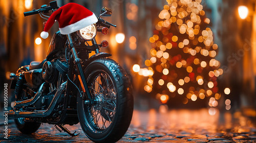 Christmas Motorcycle with Santa Hat and Lights