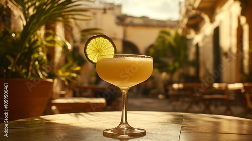 A delicious cocktail on a wooden outdoor table in the sunset