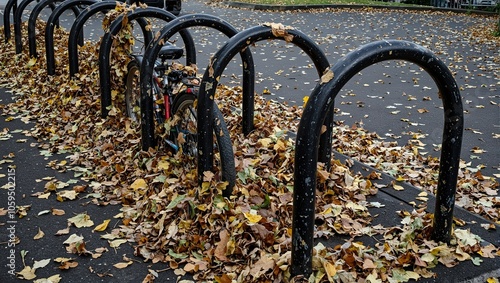 Autumn leaves scattered on bike rack hindering locking photo