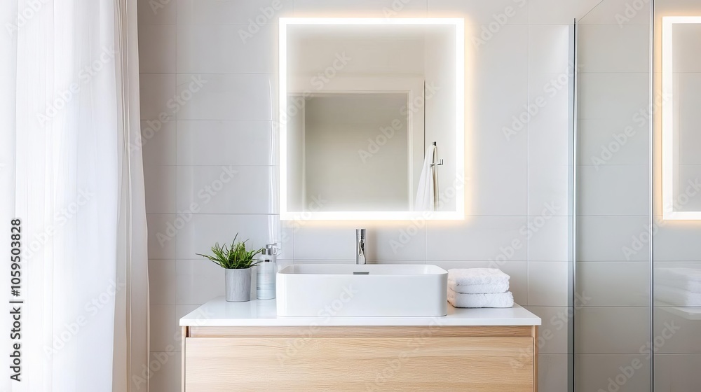 Fototapeta premium Compact vanity with LED-lit mirror, high-tech bathroom feel