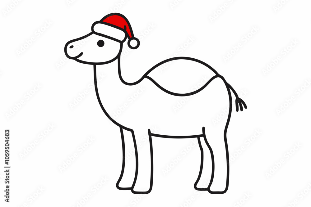 Fototapeta premium Vector Outline of A cute Camel wearing a Santa clause hat and scarf on white background.