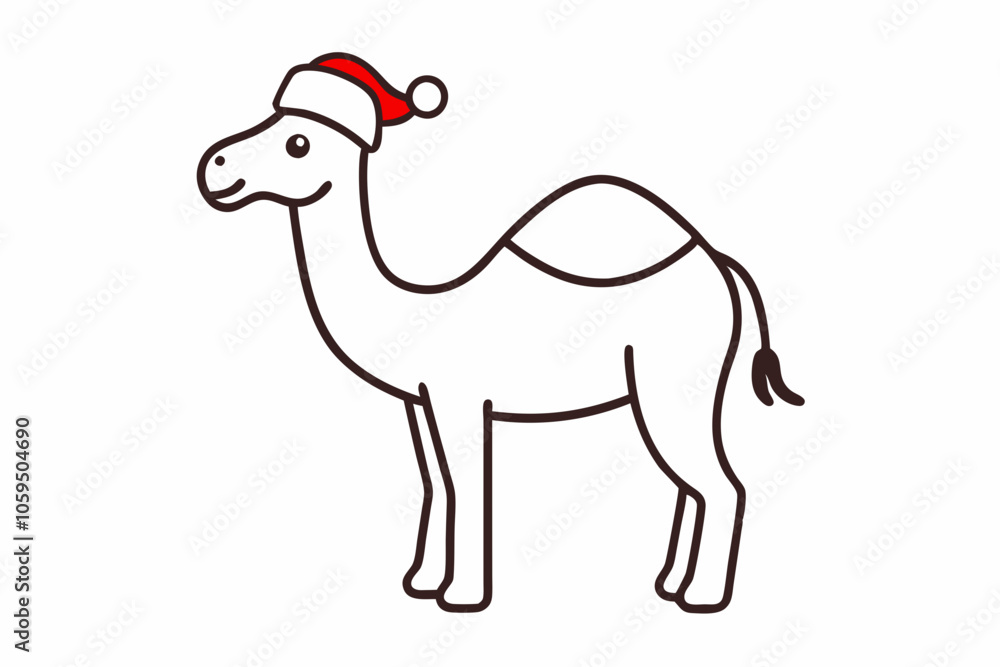 Obraz premium Vector Outline of A cute Camel wearing a Santa clause hat and scarf on white background.