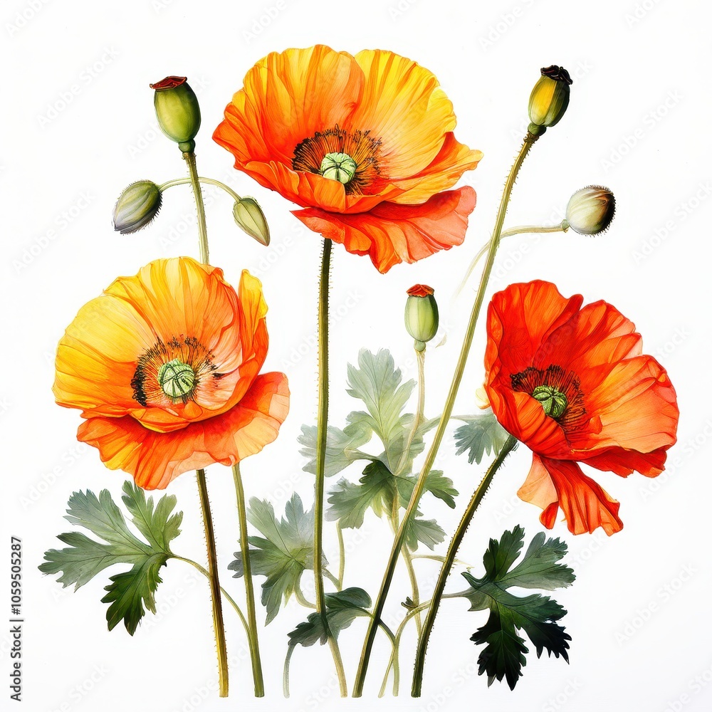 Naklejka premium A vibrant illustration of orange poppy flowers with green leaves, showcasing botanical beauty.