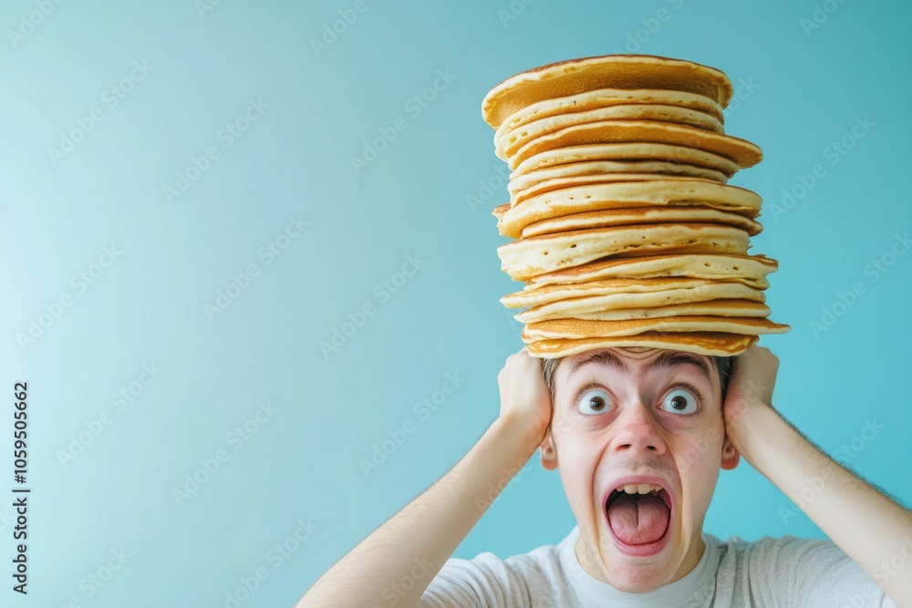 A young person with a shocked expression holds their head with both hands, while a tall stack of pancakes balances precariously on top.