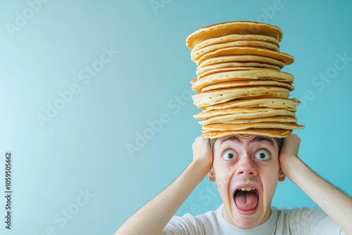 Obraz na płótnie A young person with a shocked expression holds their head with both hands, while a tall stack of pancakes balances precariously on top. w salonie