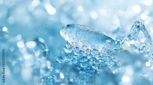 Crystal-clear ice and water droplets with a light blue background photo